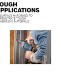Bosch cordless drill in blue being used to drill into a metal door frame; Bosch logo visible