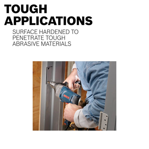 Bosch cordless drill in blue being used to drill into a metal door frame; Bosch logo visible