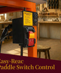 No Sweat Paddle Safety Switch With Dual Outlets And Key Lock For Router Tables And Table Saws Delivering Rock Hard 15 Amp 120 Volt Shop Control Kit Upgrade mounted on workbench.