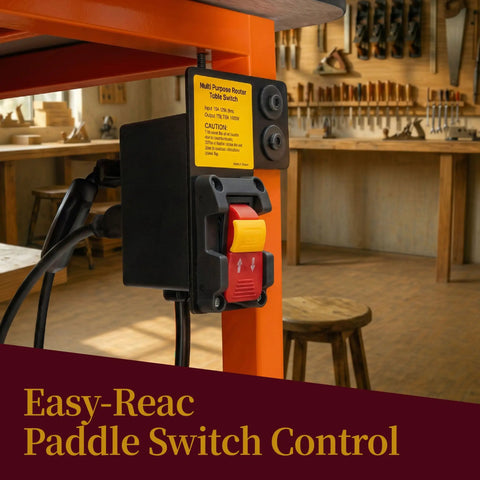 No Sweat Paddle Safety Switch With Dual Outlets And Key Lock For Router Tables And Table Saws Delivering Rock Hard 15 Amp 120 Volt Shop Control Kit Upgrade mounted on workbench.