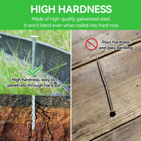 Comparison of high hardness galvanized landscape stake vs bent stake. 8 Inch Heavy Duty Galvanized Landscape Stakes Kit With Gasket Caps.