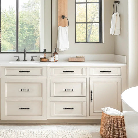 Dope Matte Black Vintage Cabinet Pulls 10 Pack 3.75 Inch Hole Center Drawer Knobs on beige bathroom cabinets.