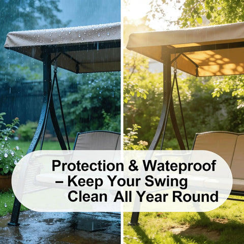Heavy Duty Outdoor Swing Canopy Replacement Cover For 3 Seater Porch Swing All Weather Waterproof Khaki Top Shade Universal Fit Fabric Canopy For Patio Garden Backyard And Furniture Awning Size 198x125cm showing rainproof and sunny day conditions on porch swing.