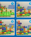 Gears 100-Piece Deluxe Building Set For STEM Fun showing colorful gear structures in progress stages on a table.