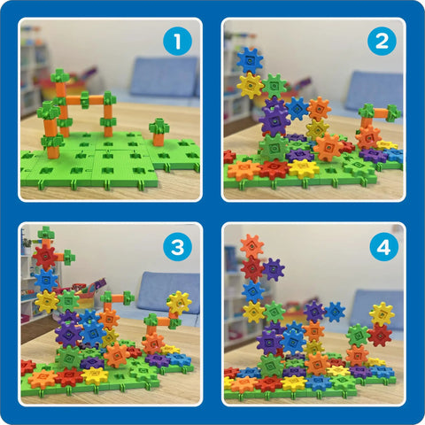 Gears 100-Piece Deluxe Building Set For STEM Fun showing colorful gear structures in progress stages on a table.