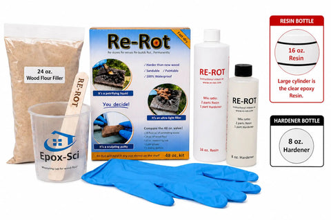 Heavy Duty Wood Repair Kit with Penetrating Epoxy Resin and Wood Filler for Restoring Broken Boards and Deck Planks Using the 48 Oz Set with filler, resin, and gloves.