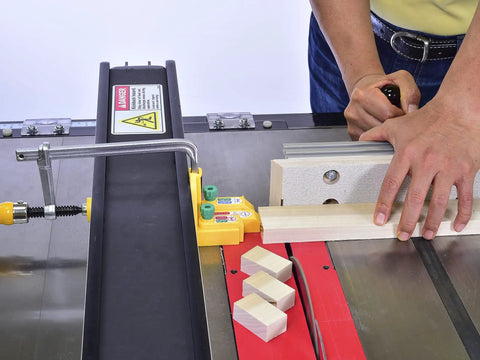 Person using Matchfit Dovetail Clamp Pro Bundle With Dado Stop Half Inch Shank DIY Router Jig Kit on woodworking table.