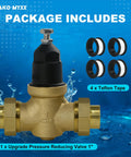 Drako-Myxx 1-in NR3XL pressure reducing valve with brass body and black adjustment cap; includes 4 x Teflon tape.