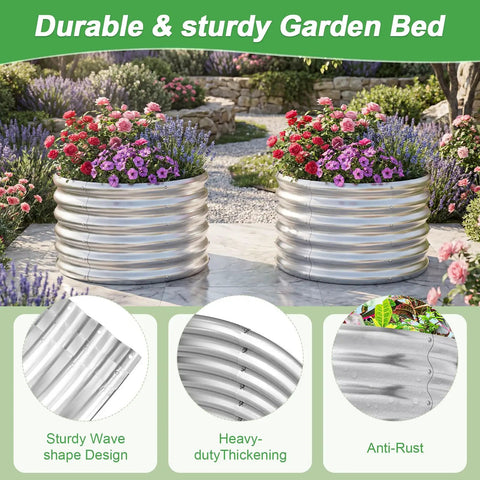 Two Pack Round Galvanized Steel Raised Garden Beds 2x2x1.5 Ft Outdoor Planter Boxes For Vegetables And Flowers Durable Anti Corrosion Metal Garden Bed Kit In Silver
