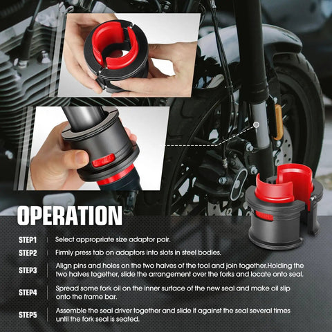 Universal 14 Piece Motorcycle Fork Seal Driver Set With Six Adapters Fits 35 To 50mm Works On Conventional And Upside Down Forks Pro Grade Tool Kit For Leak Free Seals And Easy Installation, showing seal driver being used on motorcycle fork with operation steps.