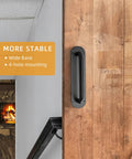 Two Pack Black Stainless Steel Barn Door Handles Hardware 11 Inch Long Heavy Duty Sliding Door Pulls For Exterior And Interior Use Rust Proof And Durable With Wide Base And Secure Four Screw Mounting installed on a wooden barn door