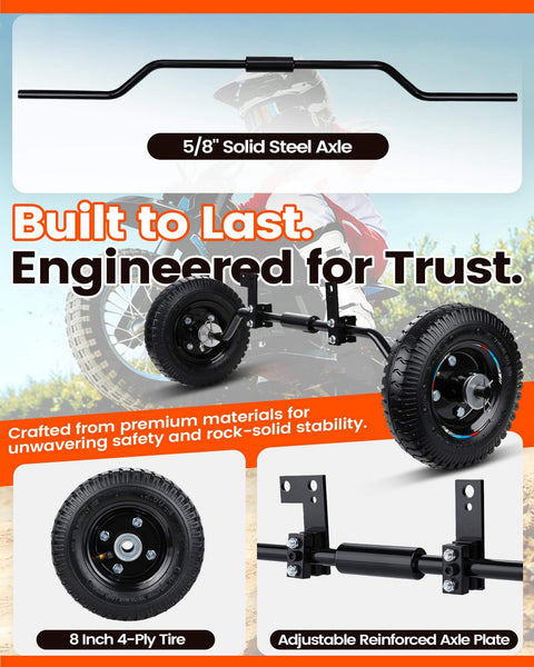 Universal Dirt Bike Training Wheels Kit For 49cc And 50cc Kids Dirt Bikes with heavy-duty steel axle and adjustable design.