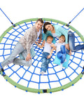 Family enjoying 60 Inch Spider Web Saucer Tree Swing for Kids and Adults, heavy duty outdoor net swing with steel frame.
