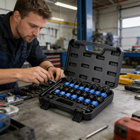 Grab The Ultimate 19 Piece Metric Impact Socket Set With Deep Well And Shallow Sockets Made From Tough Chrome Moly Steel Perfect For Auto Repair And Heavy Duty Jobs Featuring Universal Hex Sizes Plus Essential Extension Bars To Get Any Job Done Right. in case
