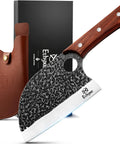 Serbian Chef Cleaver Knife With Leather Sheath 5.8 Inch Hammered 3CR13 Blade on display with wooden handle and sheath