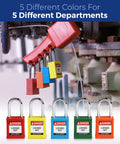 Assorted safety lockout padlocks locked on machinery for OSHA compliant lockout programs, five colors for department distinction.