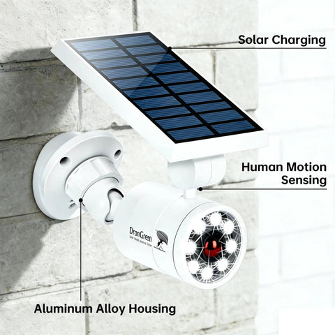Solar Motion Sensor Lights Outdoor Aluminum Flood Light for Exterior Security Cams and Pathways mounted on a brick wall