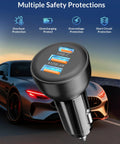 70W PD 3.0 3-Port USB C Car Charger With 3ft Cable Fast Charge USB ports shown with car and safety icons background