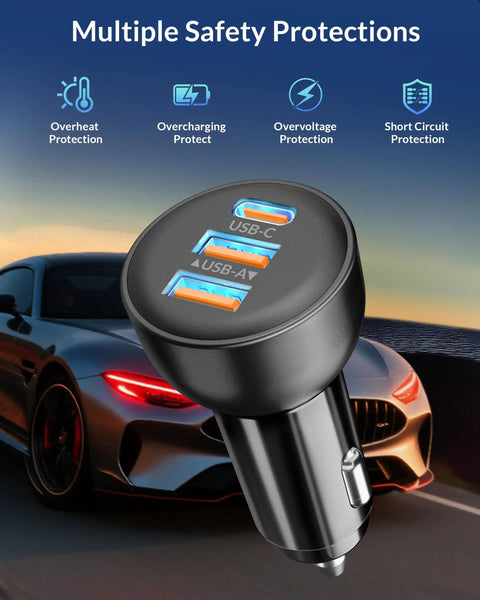 70W PD 3.0 3-Port USB C Car Charger With 3ft Cable Fast Charge USB ports shown with car and safety icons background