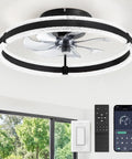 Top Tier 20 Inch Low Profile Ceiling Fan With Slick Dimmable Light And Wireless Remote Control in matte black with elegant design.