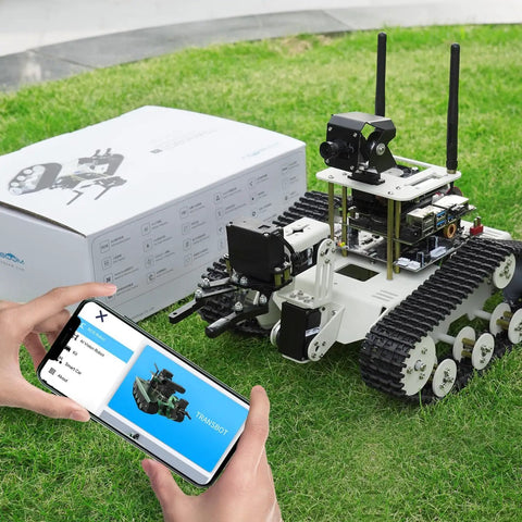 Tank Chassis Robot Kit With Dope AI Camera For Jetson Nano ROS Starter Pack DIY Programmable Project For Vision Recognition And Tracking OpenCV MediaPipe Python And C Plus Plus Coding Transbot SE Edition with smartphone control and white box packaging.