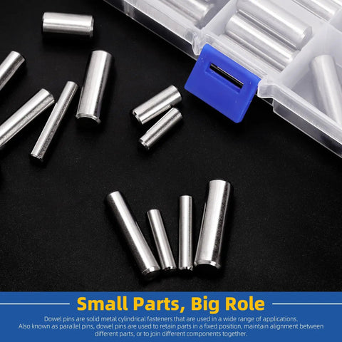 60 Piece Dowel Pin Set In 6mm 8mm And 10mm Sizes, Pro Grade Stainless Steel 304 Cylindrical Shelf Pegs For Cabinets And Furniture Installation, Includes M6 M8 And M10 Pins In 20 25 30 And 35mm Lengths. Assorted stainless steel dowel pins beside storage case