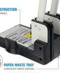 Heavy Duty Two Hole Paper Punch For 100 Sheets Of Paper With Hollow Core Technology And Samurai Steel Heads, side view with waste tray