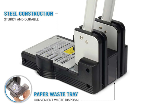 Heavy Duty Two Hole Paper Punch For 100 Sheets Of Paper With Hollow Core Technology And Samurai Steel Heads, side view with waste tray