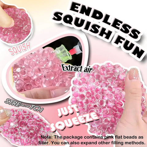 Hands squeezing pink beads from 12 Piece DIY Stress Ball Making Kit With Sealing Rubber Rings Cable Ties Balloon Expander Vacuum Tool And 100g Pink Filling Beads For Ultimate Stress Relief And Creative Customizable Fun.