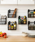 Six Piece Slatwall Bin Set With Metal Hooks, Mesh Slatwall Mounted Storage Organizer in kitchen with jars and utensils