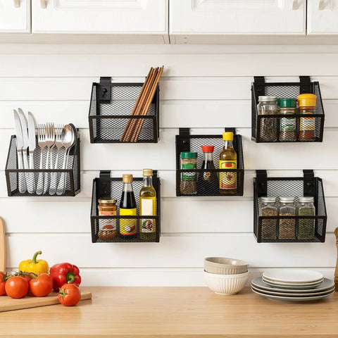 Six Piece Slatwall Bin Set With Metal Hooks, Mesh Slatwall Mounted Storage Organizer in kitchen with jars and utensils
