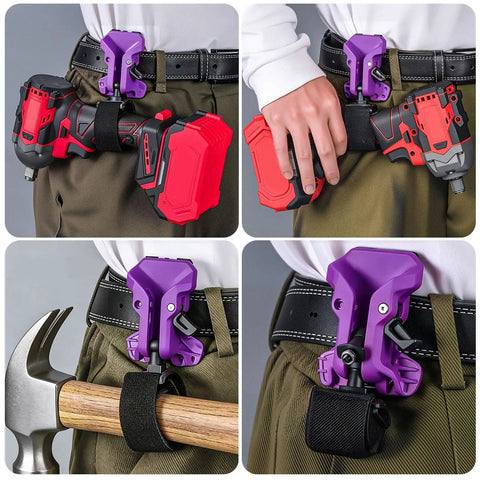 Heavy Duty Drill Holder With Secure Double Buckle Belt Clip For Power Tools Like Hammers And Electric Drills Perfect For Job Sites in different angles with tools.