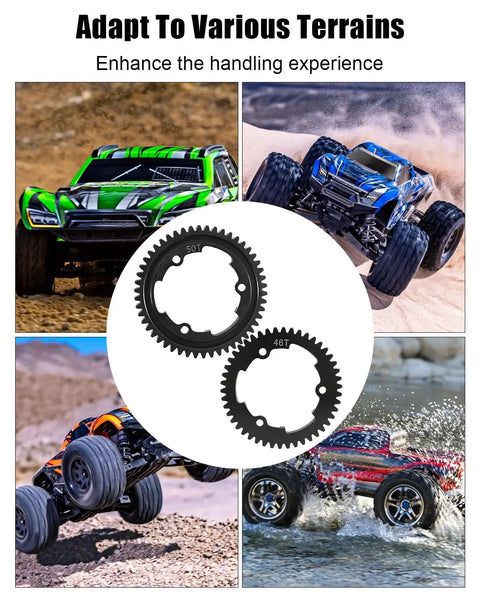 Hardened Steel Main Spur Gear Set With 50T 46T Gears And 23T 20T Pinions For Traxxas RC Cars shown with off-road vehicles