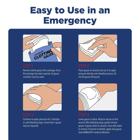 Infographic front view of QuikClot Advanced Clotting Gauze with four-step emergency usage by Adventure Medical Kits.