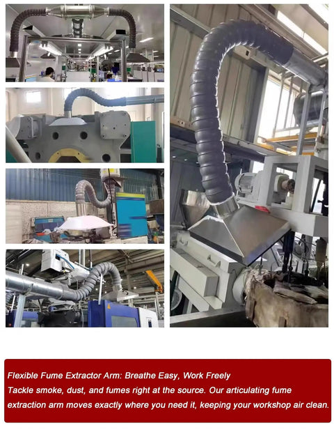 Badass 360 Degree Articulated Flexible Hose Welding Fume Extractor Arm With Killer Suction For Soldering Smoke And Industrial Dust Collection, stainless steel, adjustable position.