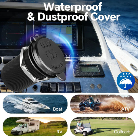Beast Mode 120W Dual Port Car Charger With 100W PD3.0 Type C Fast Charging Socket And 20W USB A Outlet displayed on a boat dashboard.