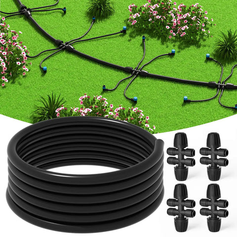 50 Ft 1/2 Inch Drip Irrigation Tubing Kit With 4 Quick Connectors And 4-Way Connector setup in garden landscape