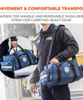 Person carrying Arsenal 5215 Large Medic First Responder Trauma Duffel Bag with shoulder strap in blue 600D polyester for EMS.