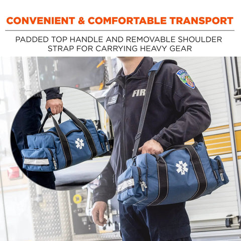 Person carrying Arsenal 5215 Large Medic First Responder Trauma Duffel Bag with shoulder strap in blue 600D polyester for EMS.