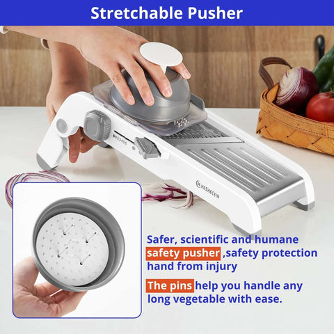 Heshecin 24-in-1 mandoline slicer with waffle fry blade; white adjustable kitchen slicer with removable insert