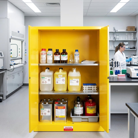 Top Rated Flammable Safety Cabinet With Double Doors, Solid ColdRolled Steel Chemical Storage Locker, Osha Compliant Yellow Industrial Rack Built Like A Tank For Shops Garages And Labs Ready To Crush It - filled with labeled chemical containers in a lab.