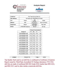 Certificate of Analysis for drill bits showing steel quality and measurements from Verichek and ANAB accredited lab.