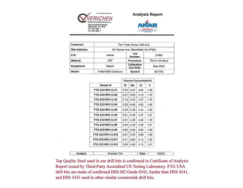 Certificate of Analysis for drill bits showing steel quality and measurements from Verichek and ANAB accredited lab.