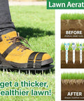 Lawn Aerator Shoes With 2.2 Inch Heavy Duty Spikes Metal Shovel Garden Gloves Adjustable Straps One Size Fits All Epoxy Construction Easy Yard Aeration Kit To Revive Patchy Grass And Boost Soil Health. Close-up showing shoe in use on grass.