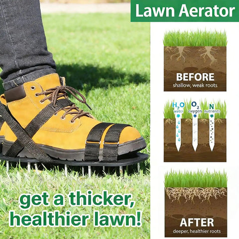 Lawn Aerator Shoes With 2.2 Inch Heavy Duty Spikes Metal Shovel Garden Gloves Adjustable Straps One Size Fits All Epoxy Construction Easy Yard Aeration Kit To Revive Patchy Grass And Boost Soil Health. Close-up showing shoe in use on grass.