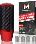Hot Red Carbon Fiber Shift Knob With Weighted Feel And 4 Metal Threaded Adapters M8 M10x1.25 1.5 M12x1.25 For 4 5 6 Speed Manual And Buttonless Automatic Transmissions JDM Style, shown with packaging and adapters