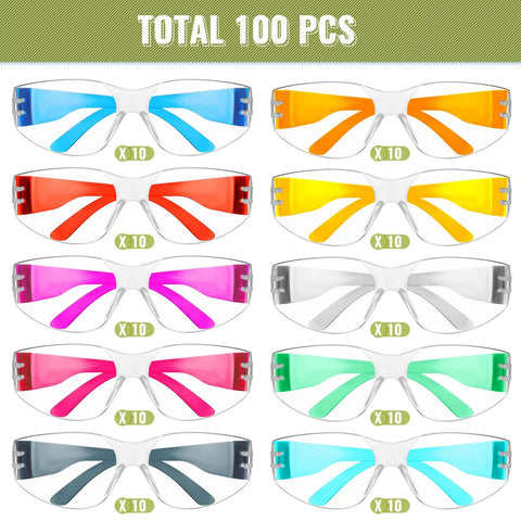 100 Pack Kids Safety Glasses Bulk Set for Lab, Sports, and Shooting - Multicolor Protective Goggles with 10 Color Options