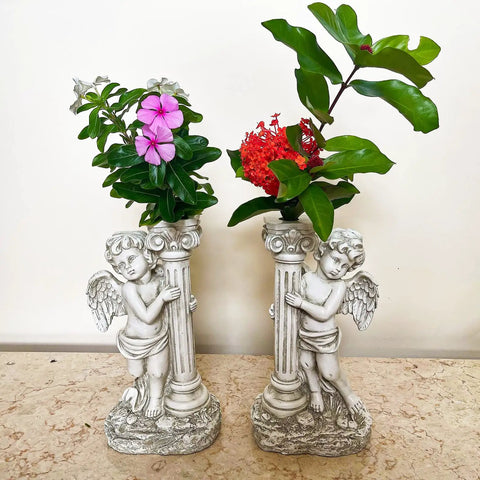 Lit Solar Angel Garden Statue with Roma Pillar For Outdoor Decor And Lawn Or Patio Nineteen Point Seven Inch Left Facing Angel