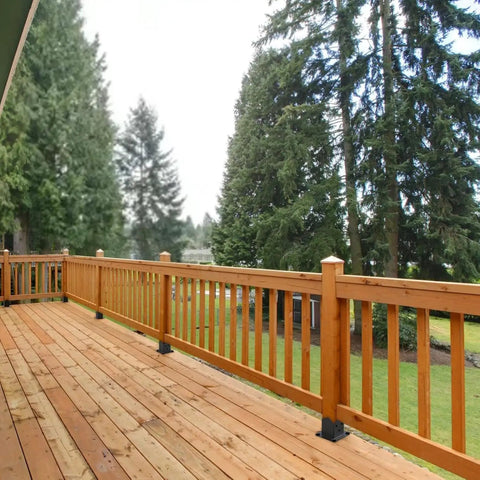 Wooden deck with railing using Heavy Duty 4 Pack Wood Post Brackets With Inner Size 3.58 By 3.58 Inches Powder Coated Matte Black.