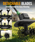 20V Cordless Garden Tiller Cultivator With 4 By 12 Steel Tines showing detachable blades for easy cleaning on lawn